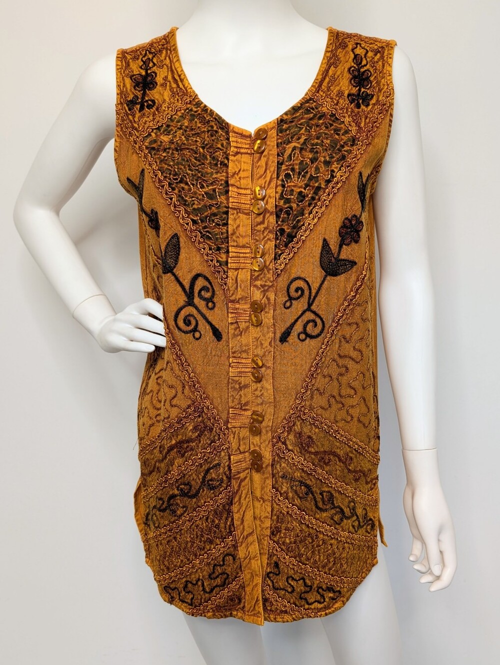 Vintage 90s Bohemian Oversized Mustard Yellow Sleeveless Button Up Tunic Top